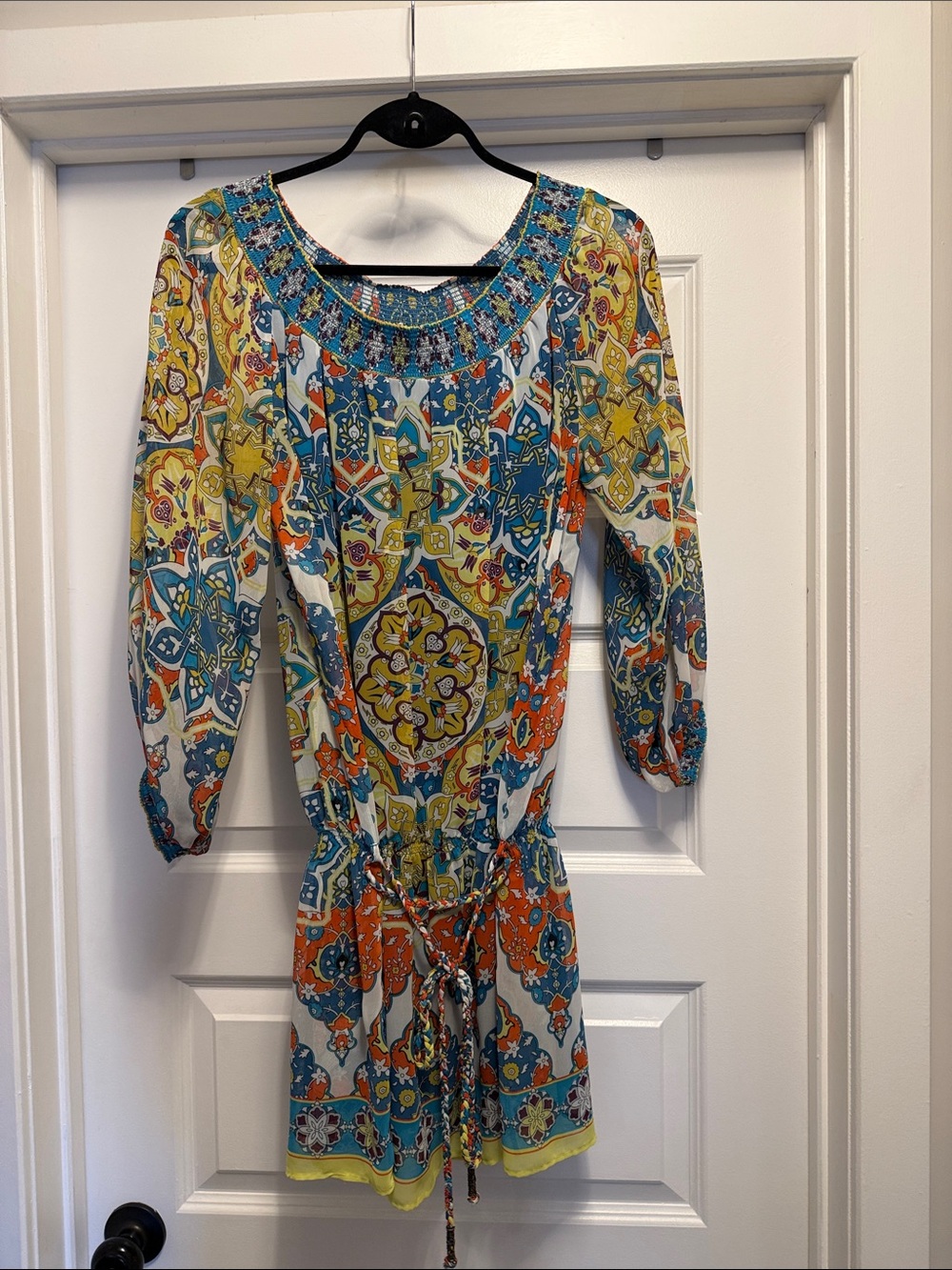 Nicole Miller Bohemian Printed Peasant Dress in Blue and Yellow